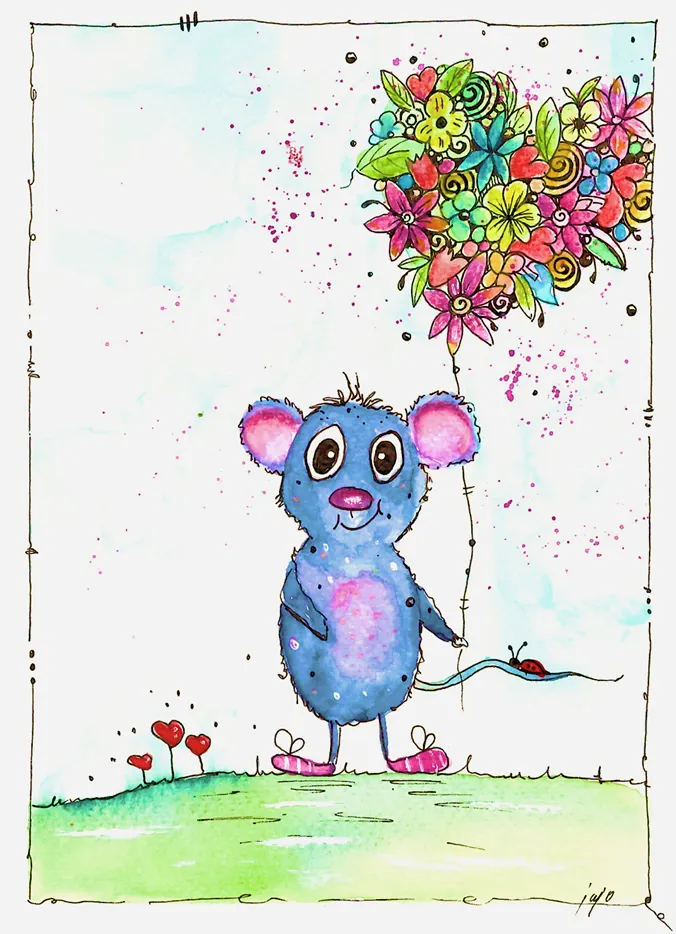 Zeichnung einer blauen Maus mit einem Luftballon mit Blumen in der Hand