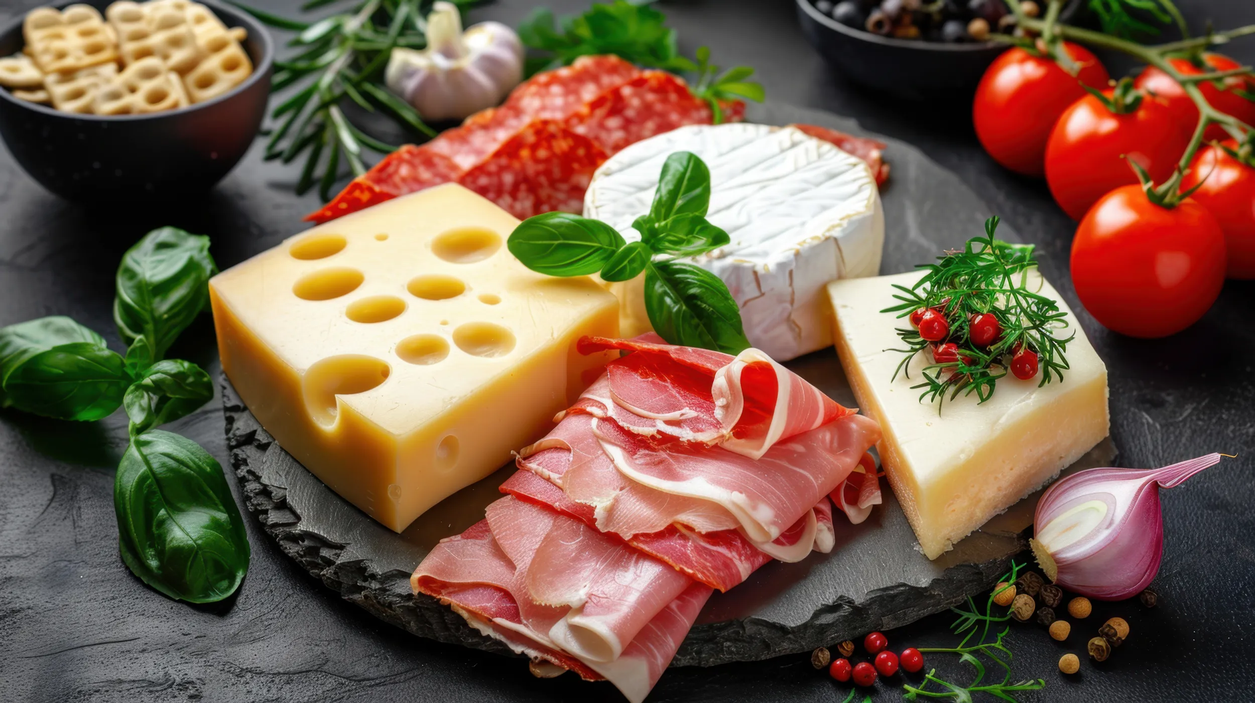 Käse, Schinken, Tomaten und Kräuter auf einer Servierplatte angerichtet