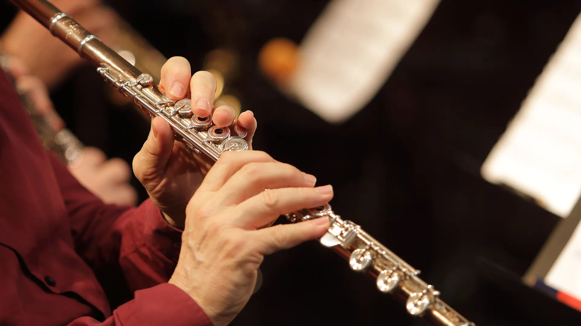 Ein Person spielt Querflöte, im Hintergrund steht der Notenständer.