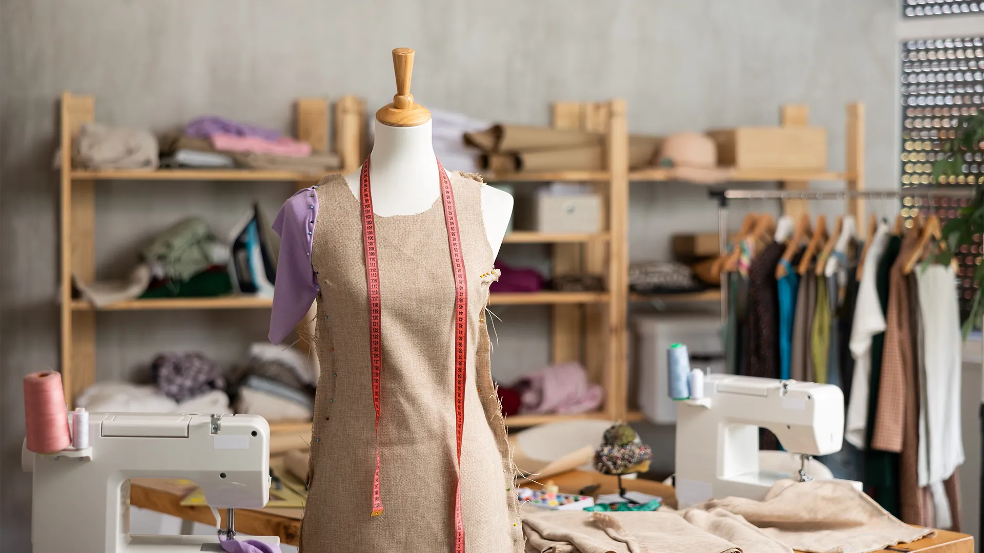 Ein Nähatelier mit verschiedenen Stoffen und einer Puppe.