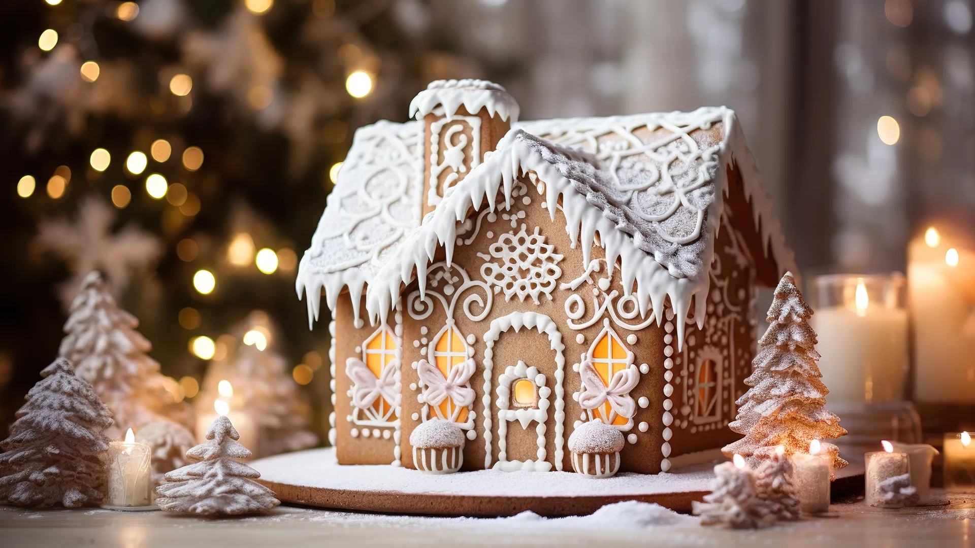 EIn verziertes Lebkuchenhaus im Kerzenlicht.