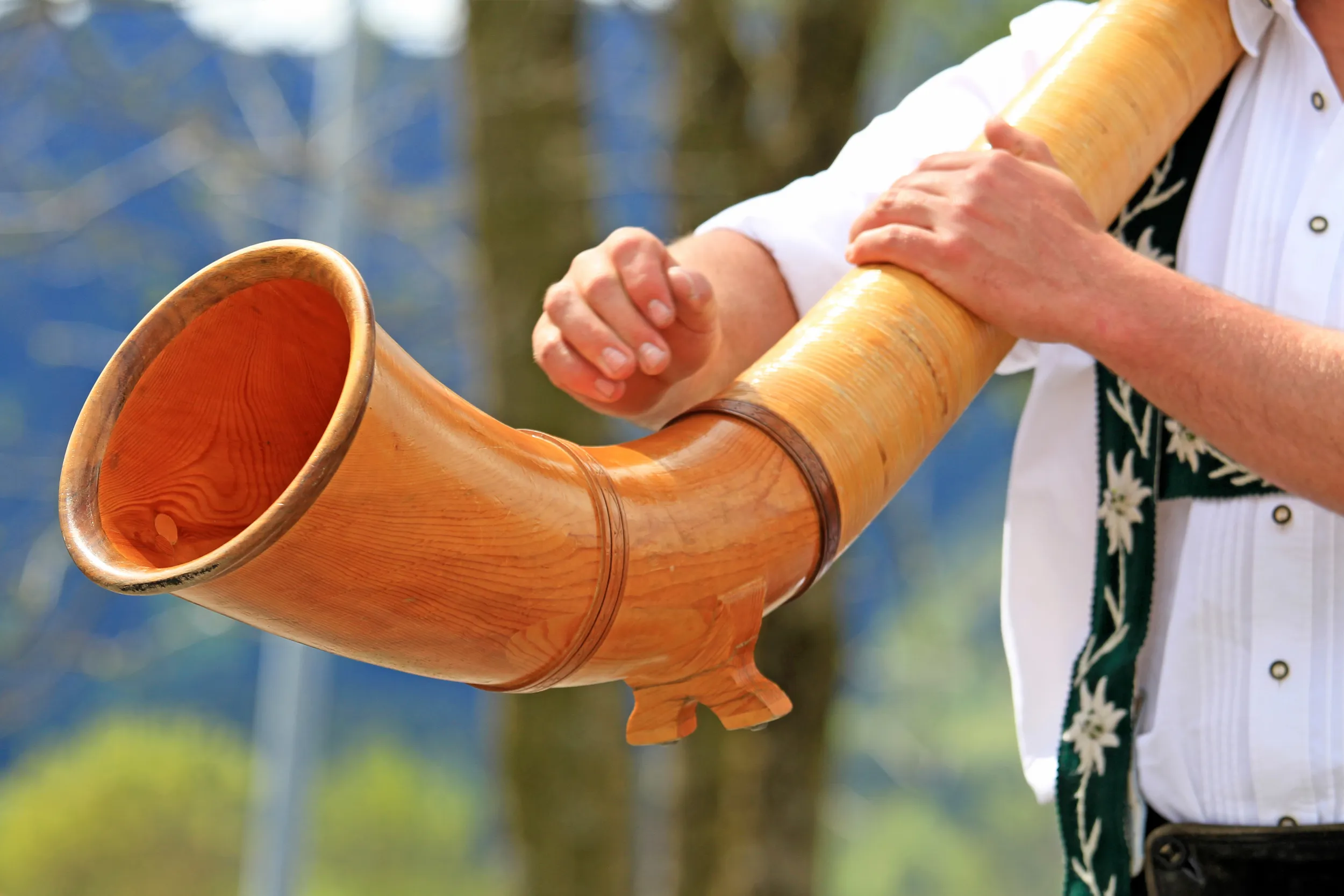 Mann in Tracht trägt ein Alphorn